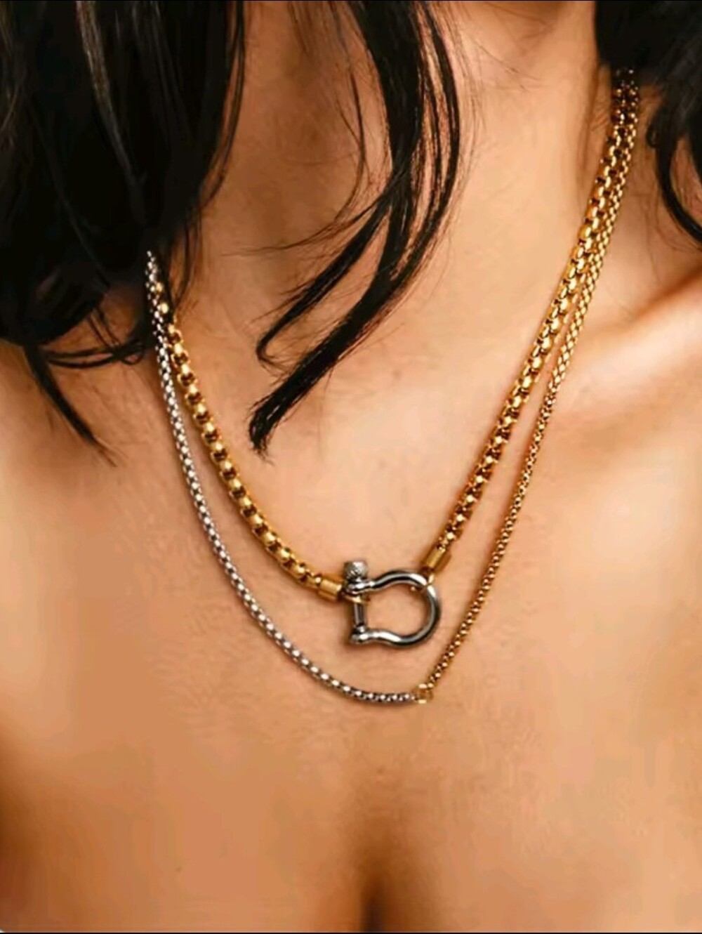 Gold and Silver Two-Tone Chain Necklace with D-Ring - Picture 10 of 12